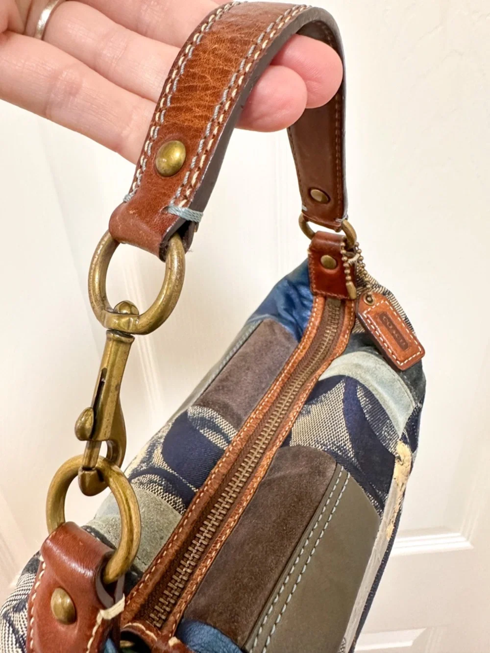 Coach Denim Patchwork Demi Bag Blue Monogram Canvas Baguette